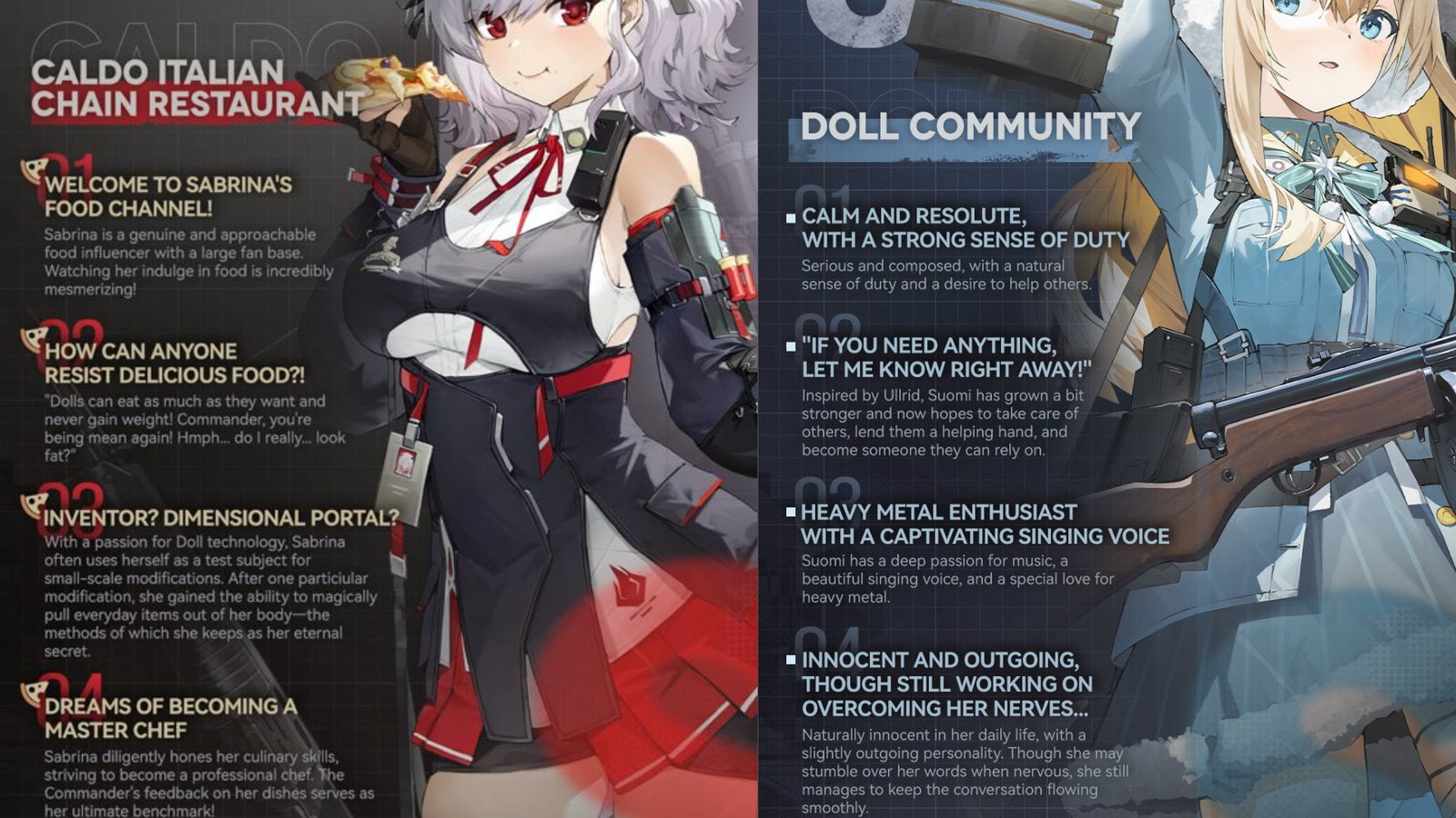 A dual character profile showcasing both Sabrina and Suomi in the Sabrina and Suomi GFL2 guide