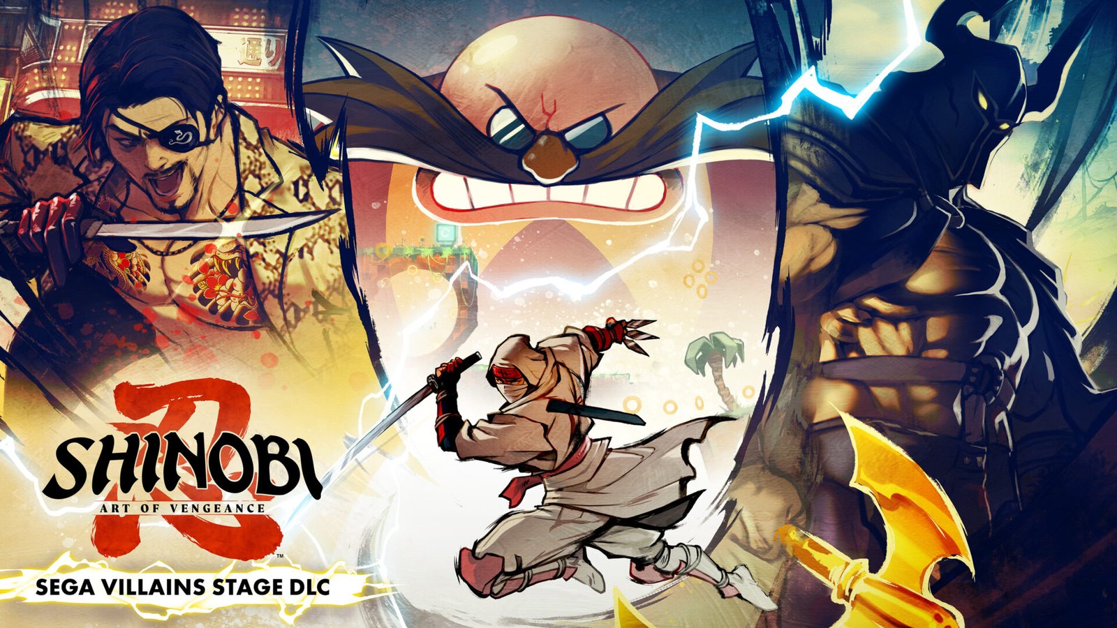 Key art for the SHINOBI: Art of Vengeance SEGA Villains DLC featuring Joe Musashi and classic SEGA bosses.