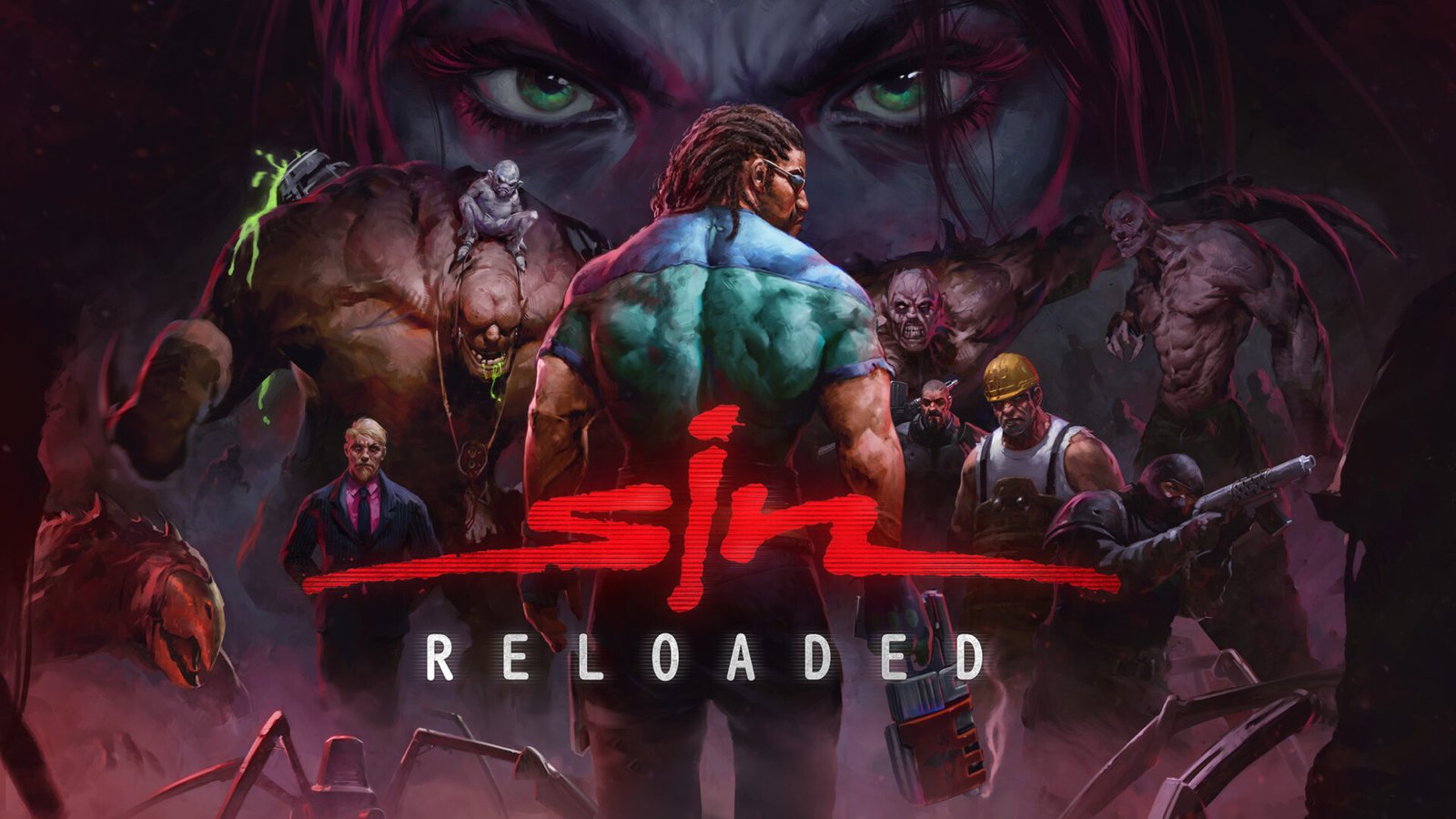 Colonel John R. Blade seen from behind facing a horde of mutants and the giant visage of Elexis Sinclaire in the SiN: Reloaded announcement.
