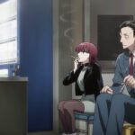 Sasaki and Tayama sitting together and smoking in a scene from the Smoking Behind the Supermarket with You anime.