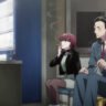 Sasaki and Tayama sitting together and smoking in a scene from the Smoking Behind the Supermarket with You anime.
