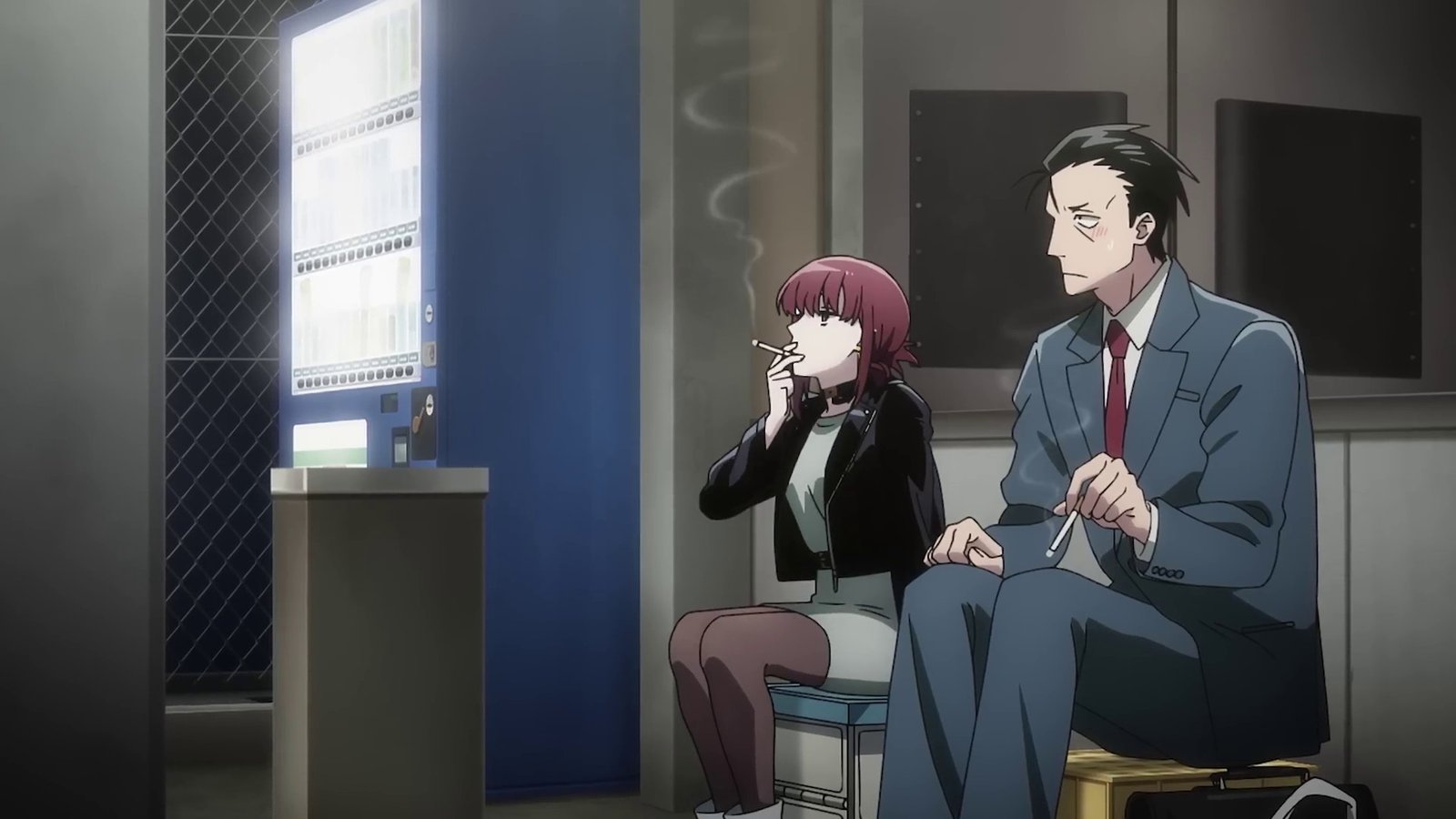 Sasaki and Tayama sitting together and smoking in a scene from the Smoking Behind the Supermarket with You anime.