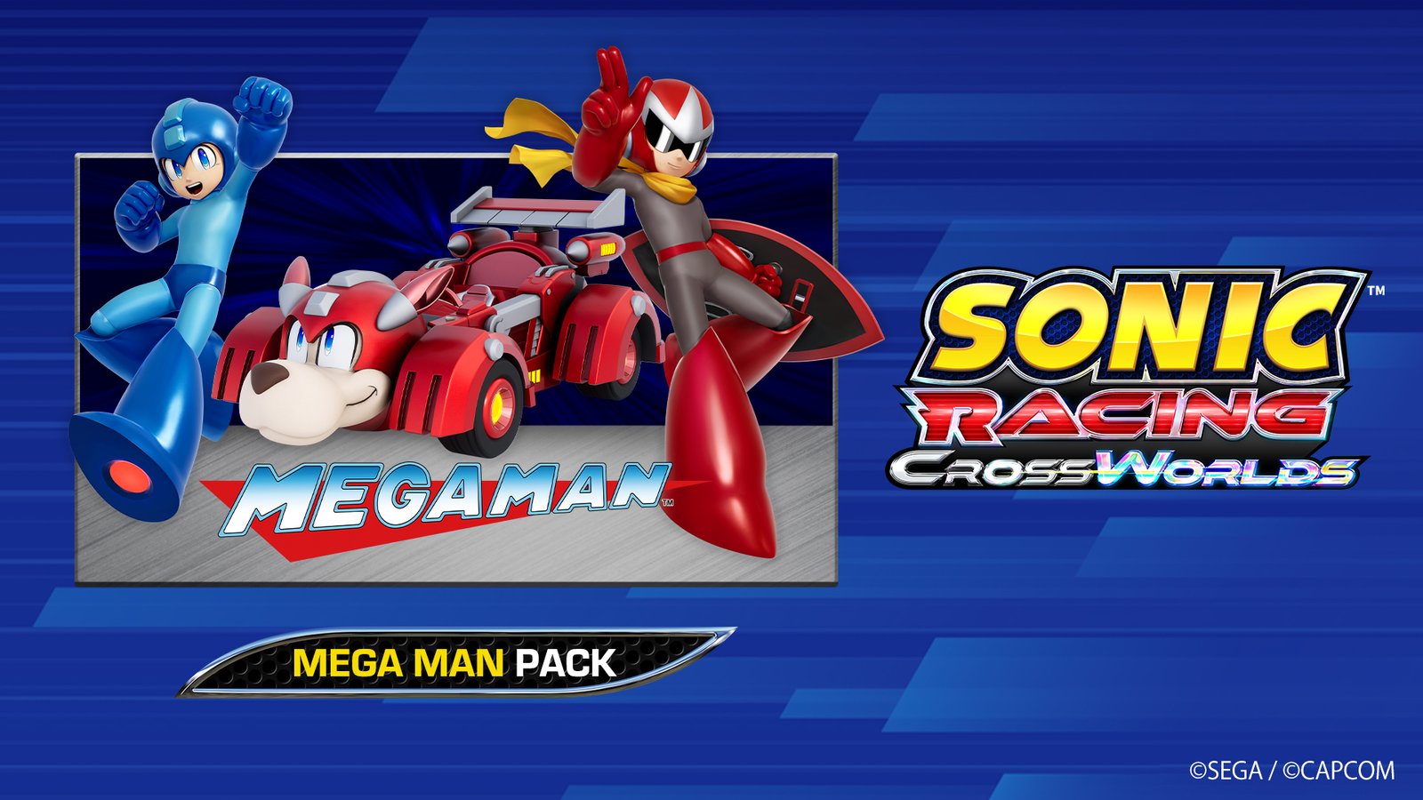Sonic Racing: CrossWorlds Mega Man Pack featuring Mega Man, Proto Man, and the Rush Roadstar vehicle.