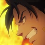 A close-up of Luca Blight from the Suikoden II anime adaptation first trailer with fire in the background.
