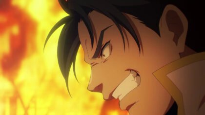 A close-up of Luca Blight from the Suikoden II anime adaptation first trailer with fire in the background.