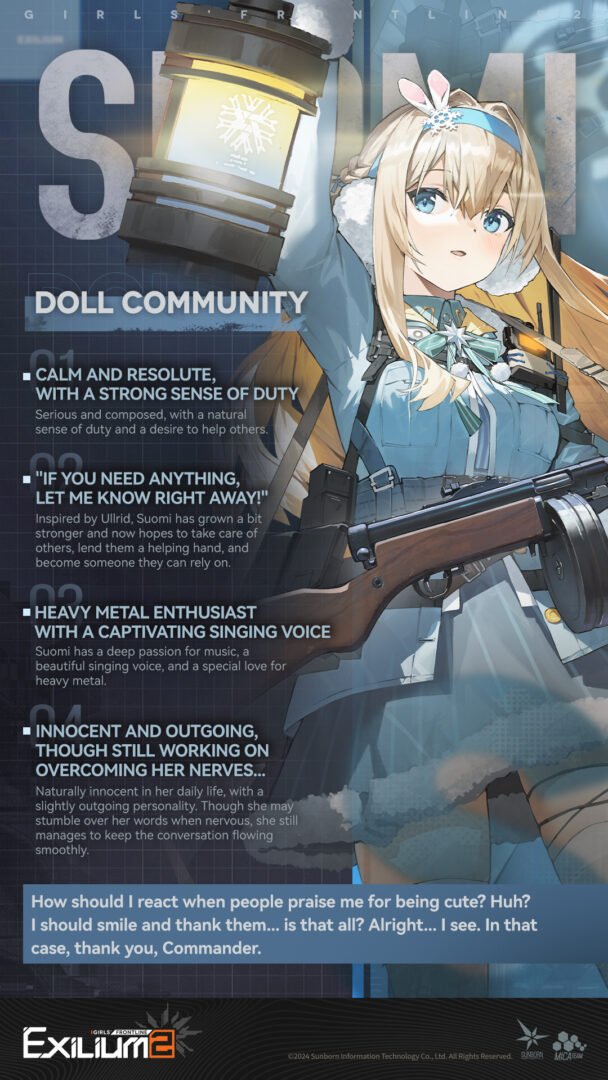 A detailed character profile for Suomi (KP-31) in our Sabrina and Suomi GFL2 guide, highlighting her heavy metal and support traits.