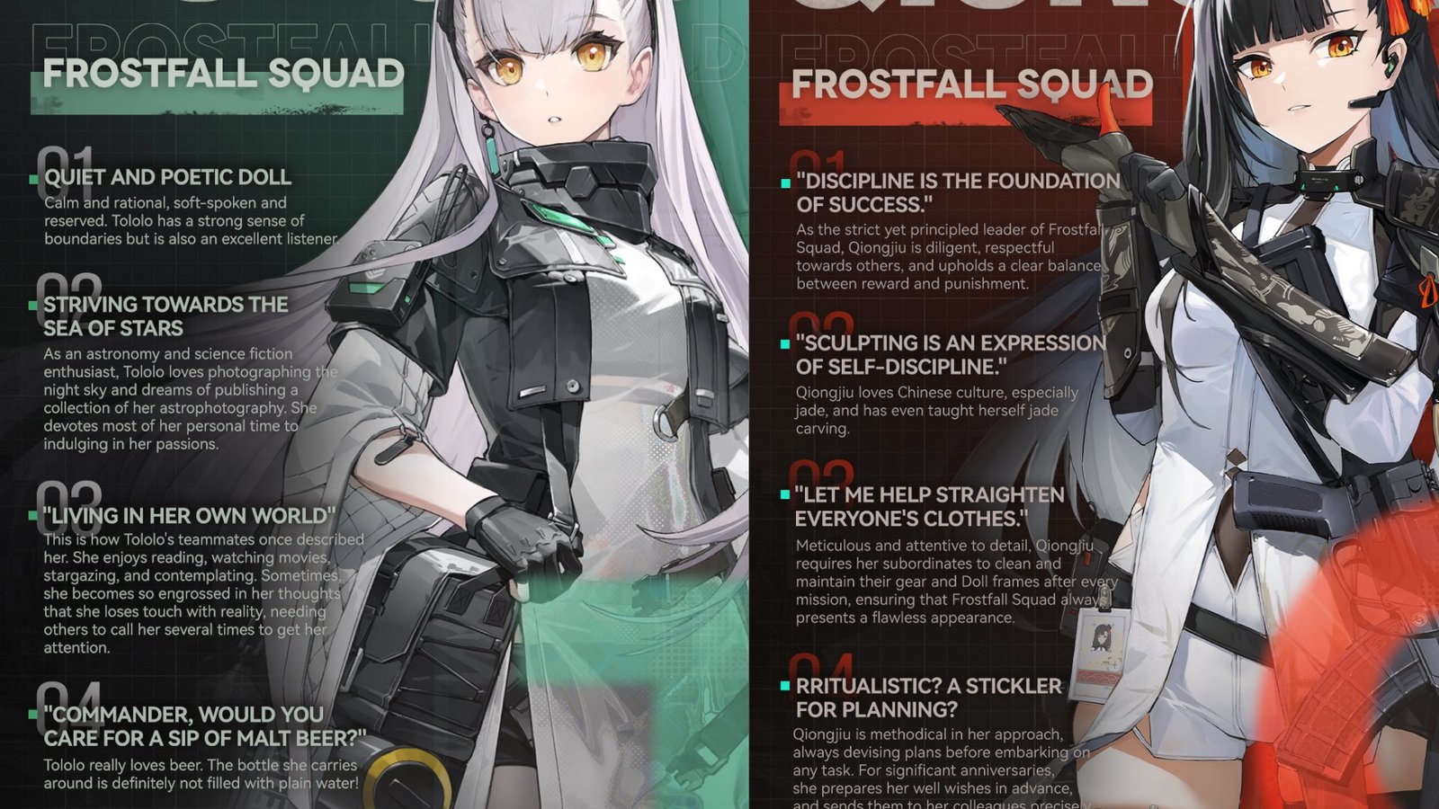 A featured image for a Tololo Qiongjiu Guide in Girls' Frontline 2: Exilium, showcasing character art for both Dolls and their profile details, with Tololo on the left and Qiongjiu on the right.