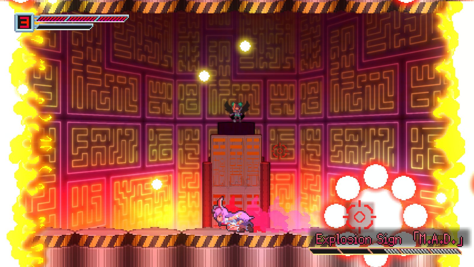 A pixel-art screenshot from the Udongein X2 Steam page showing Reisen (purple-haired rabbit) fighting a winged boss in a glowing purple arena. A "Explosion Sign 『M.A.D.』" warning is visible.