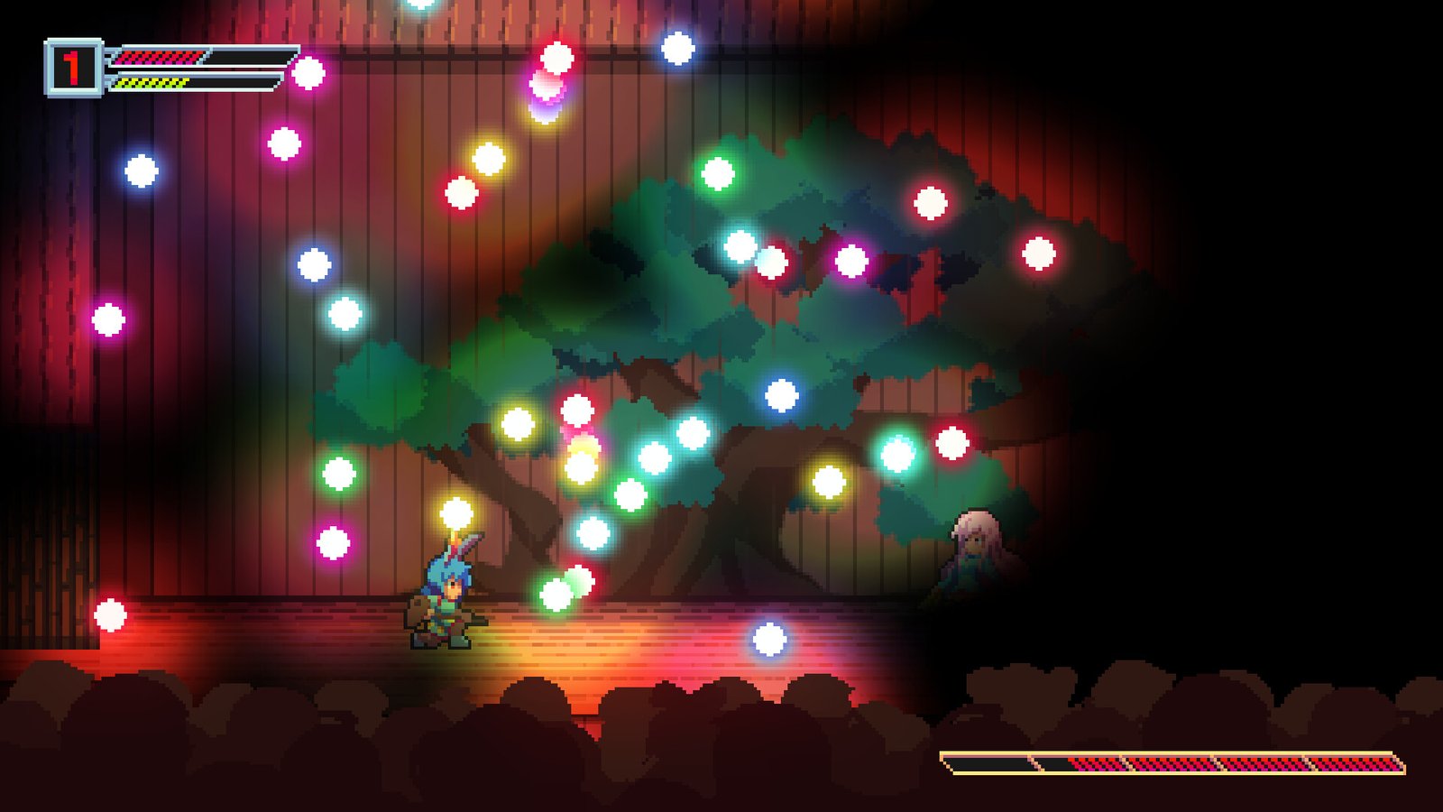 A screen from the Udongein X2 Steam page showing a player character (left) navigating past a dense pattern of multicolored projectile bullets in a large arena.