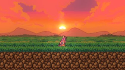 Reisen (purple-haired rabbit) running through an open field at sunset from the Udongein X2 Steam page.