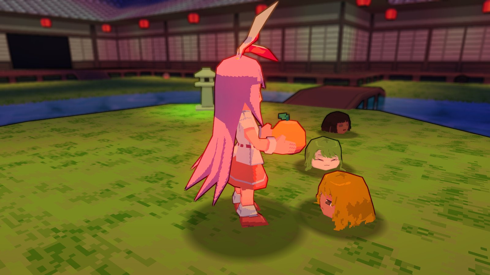 A 3D pixel-art screenshot from the Udongein X2 Steam page where Reisen (purple-haired rabbit) is in a Japanese garden interacting with three Yukkuri heads on the grass.