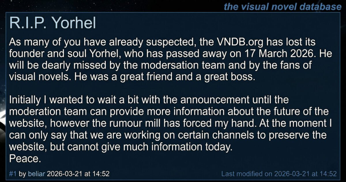 The official announcement post on the VNDB discussion board regarding the passing of founder Yorhel.