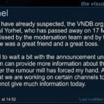 The official announcement post on the VNDB discussion board regarding the passing of founder Yorhel.