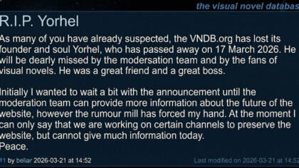 The official announcement post on the VNDB discussion board regarding the passing of founder Yorhel.