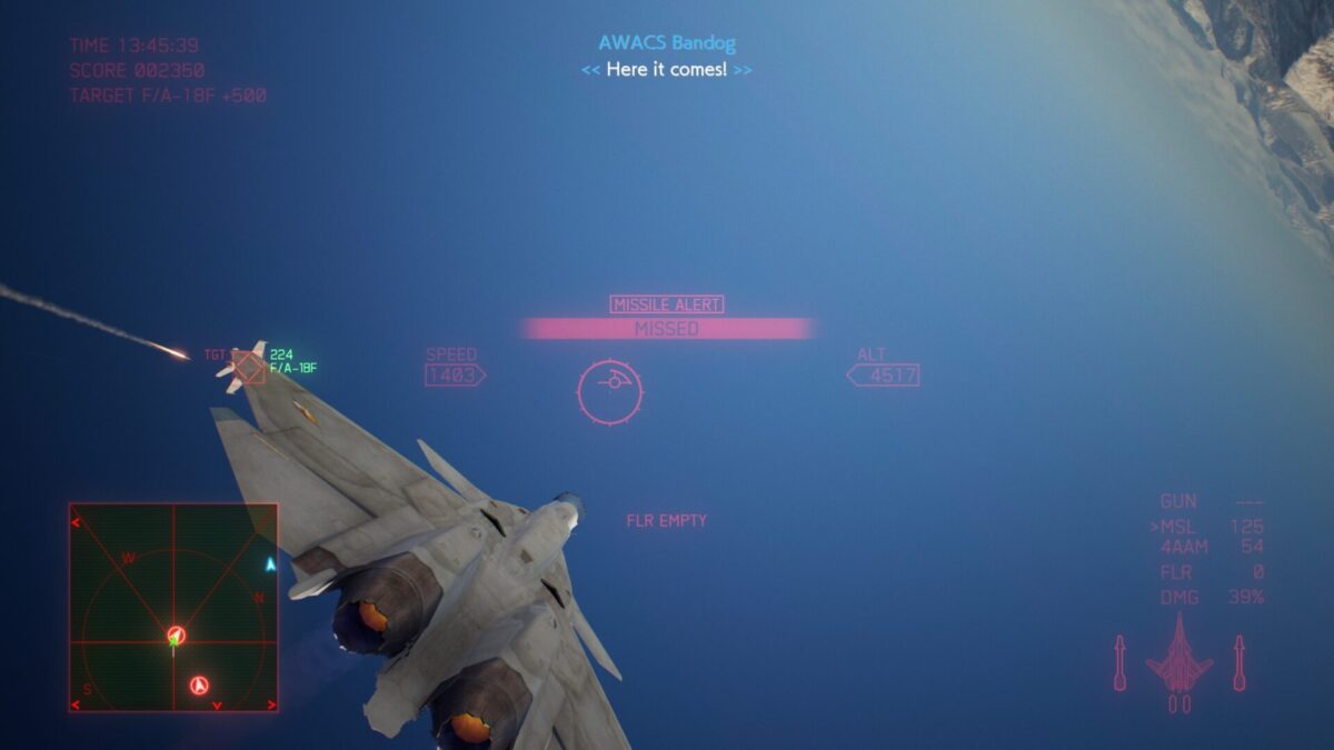 A technical capture from our Ace Combat 7 Skies Unknown review showing a missile evasion while the flare counter is empty.