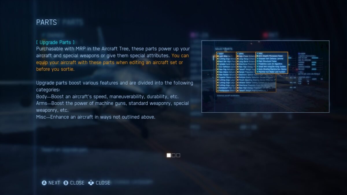 The technical parts and upgrades menu in our Ace Combat 7 Skies Unknown review, showing various aircraft body and arm modifications.