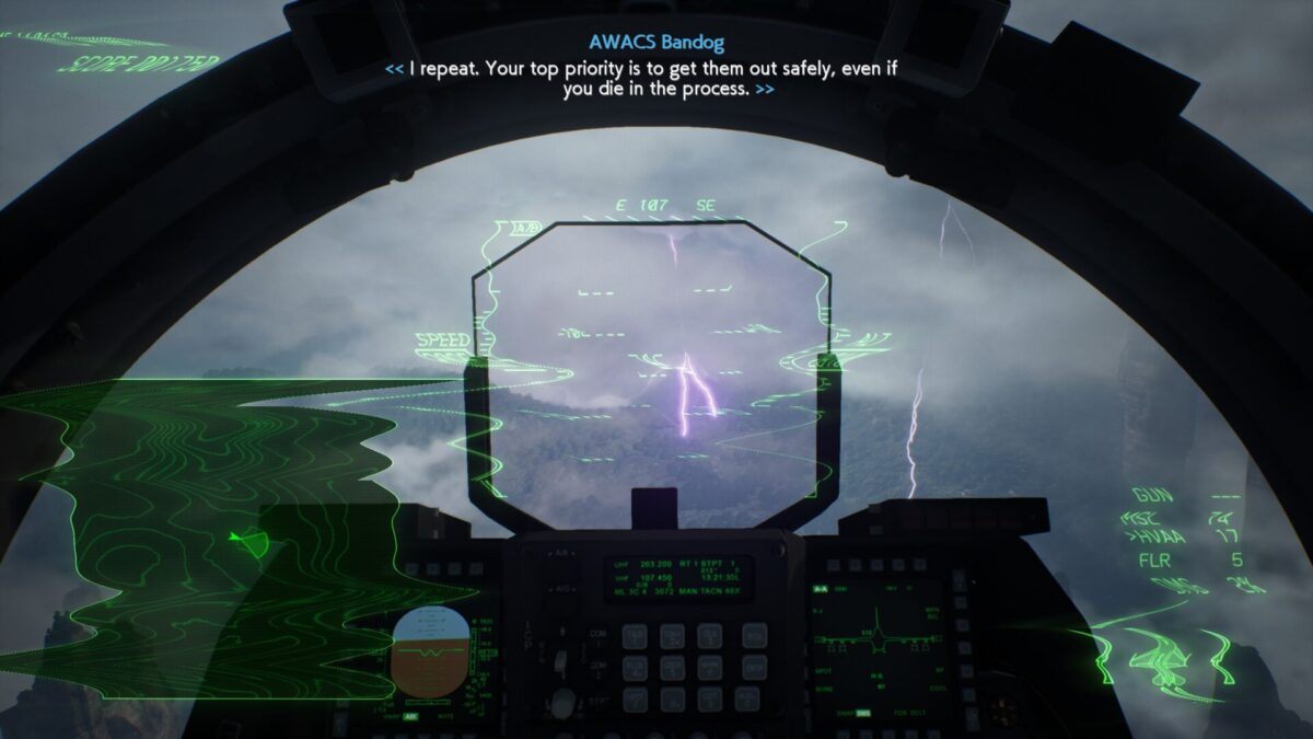 A lightning strike causes a scrambled HUD in our Ace Combat 7 Skies Unknown review, demonstrating atmospheric weather hazards.