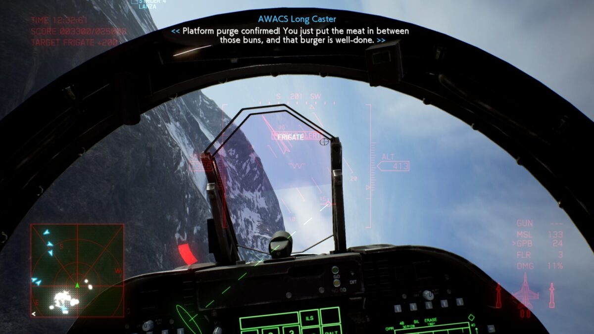 A cockpit view from our Ace Combat 7 Skies Unknown review showing a radio message from AWACS Long Caster using a burger metapho