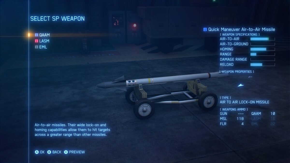 A view of the Special Weapon selection screen in our Ace Combat 7 Skies Unknown review, highlighting the QAAM missile and its performance stats.