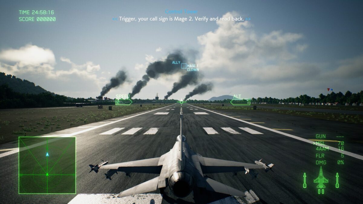 An F-16C aircraft on a runway with rising smoke plumes in the background during our Ace Combat 7 Skies Unknown review.