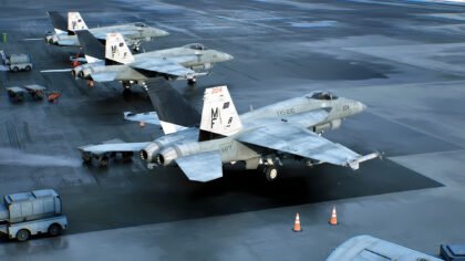Fighter jets on the flight deck from the Ace Combat 8: Wings of Theve developer diary