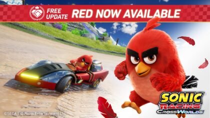 A promotional banner for the Angry Birds Sonic Racing CrossWorlds DLC featuring Red standing next to his custom racing vehicle.