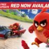 A promotional banner for the Angry Birds Sonic Racing CrossWorlds DLC featuring Red standing next to his custom racing vehicle.