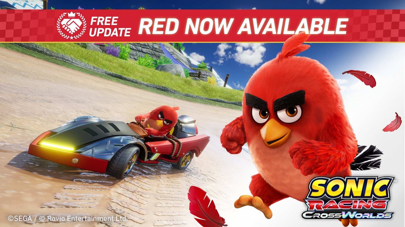 A promotional banner for the Angry Birds Sonic Racing CrossWorlds DLC featuring Red standing next to his custom racing vehicle.