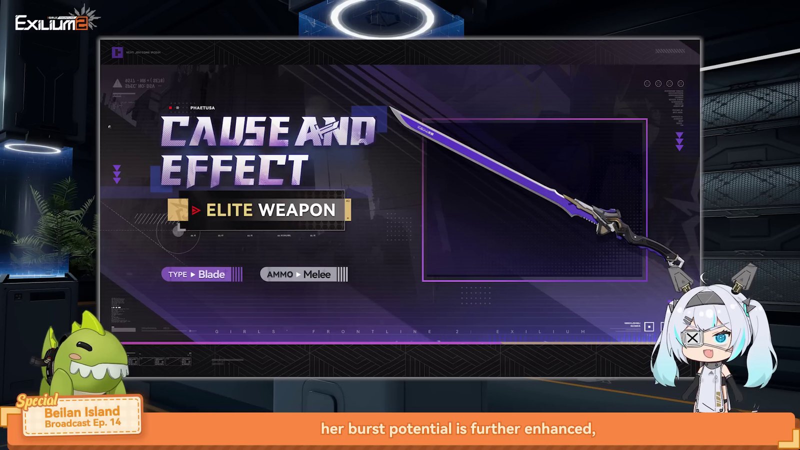 Belian Island Episode 14 showcase of Phaetusa's signature melee weapon Cause and Effect in Girls Frontline 2 Exilium.