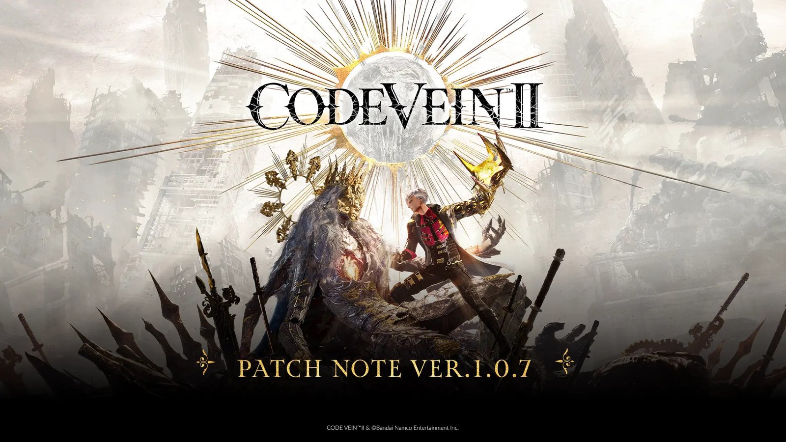 Official promotional banner for Code Vein II Update 1.0.7 showing a revenant in a red and black coat facing a large crowned entity.