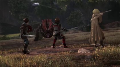 A screenshot of Echoes of Aincrad gameplay showing a group of characters engaging a large monster in an open field area.
