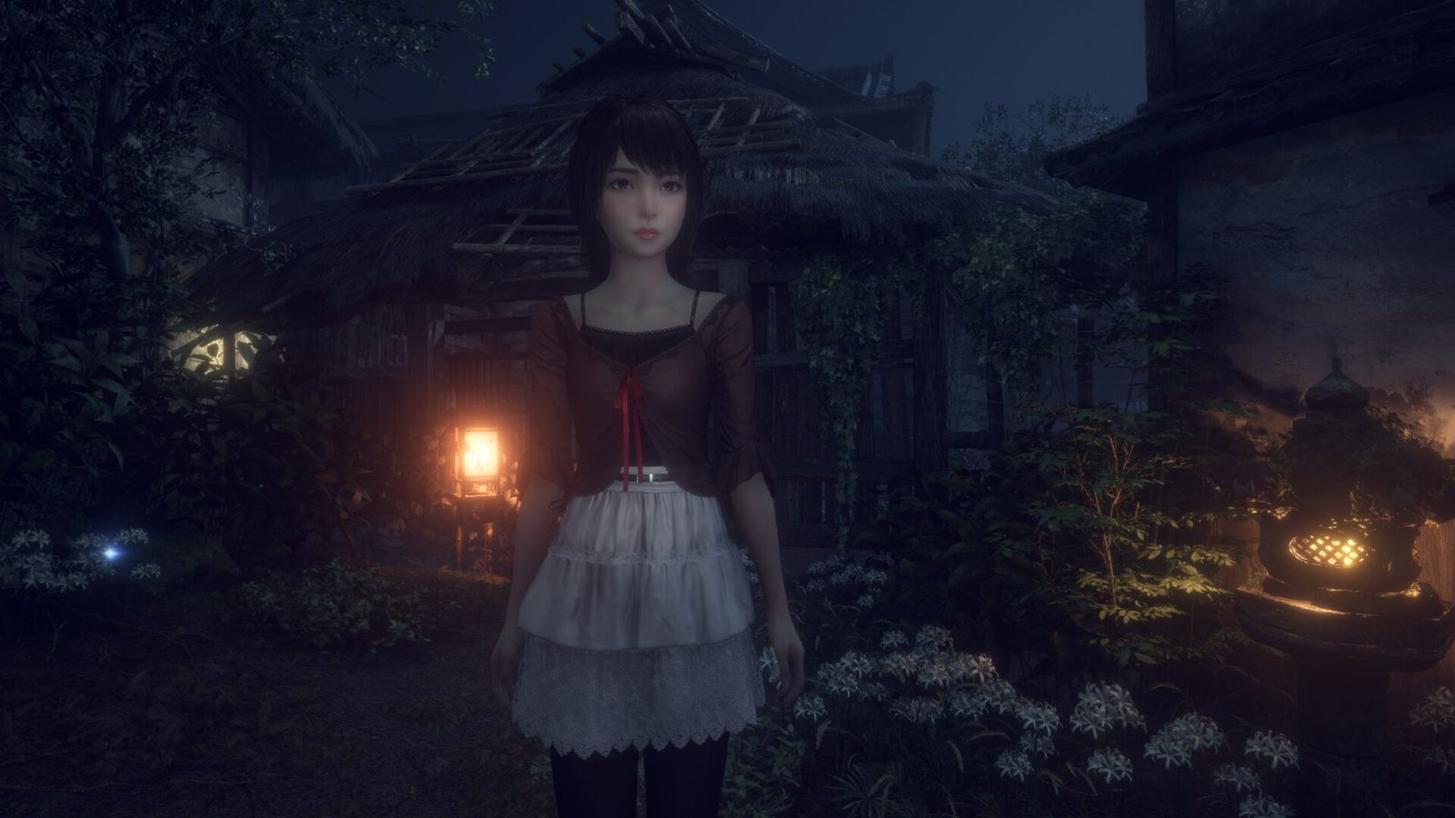 Mio uses a flashlight in a dark hallway, showcasing the lighting and HDR contrast fixes detailed in the Fatal Frame II Remake 1.03.04 patch notes.