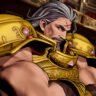 Fatal Fury: City of the Wolves Wolfgang Krauser stands with his arms crossed wearing his signature golden armor in a stadium arena.