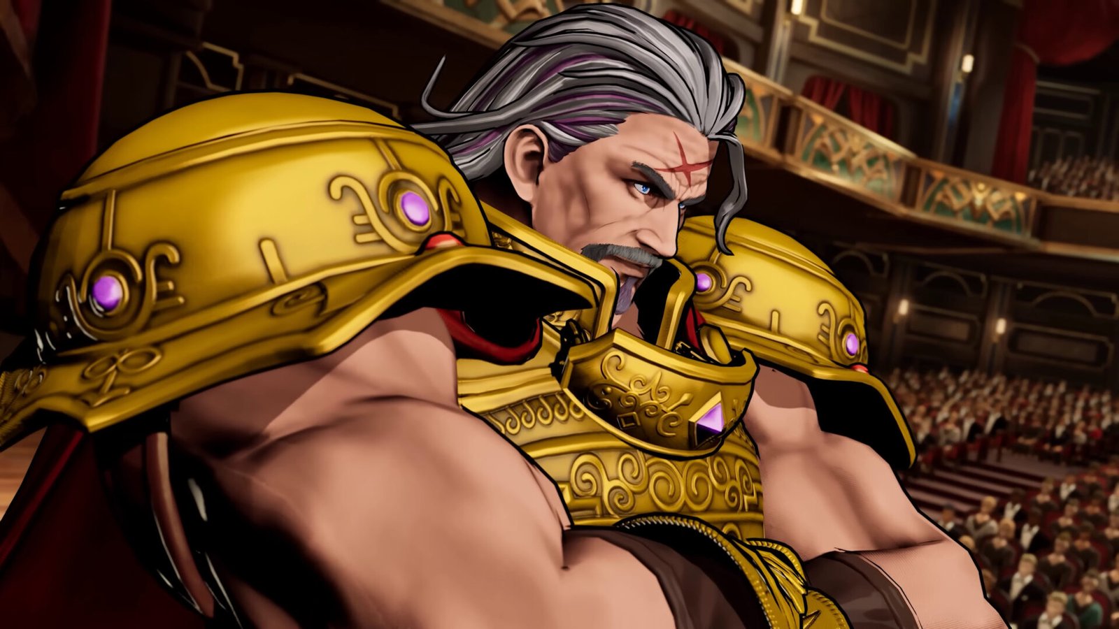 Fatal Fury: City of the Wolves Wolfgang Krauser stands with his arms crossed wearing his signature golden armor in a stadium arena.