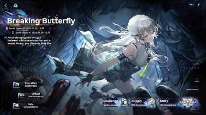 Girls Frontline 2 Breaking Butterfly event hub menu showing schedule and progress.