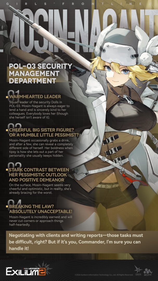 Detailed character profile for Mosin-Nagant in our GFL2 guide highlighting her Electric sniper traits.