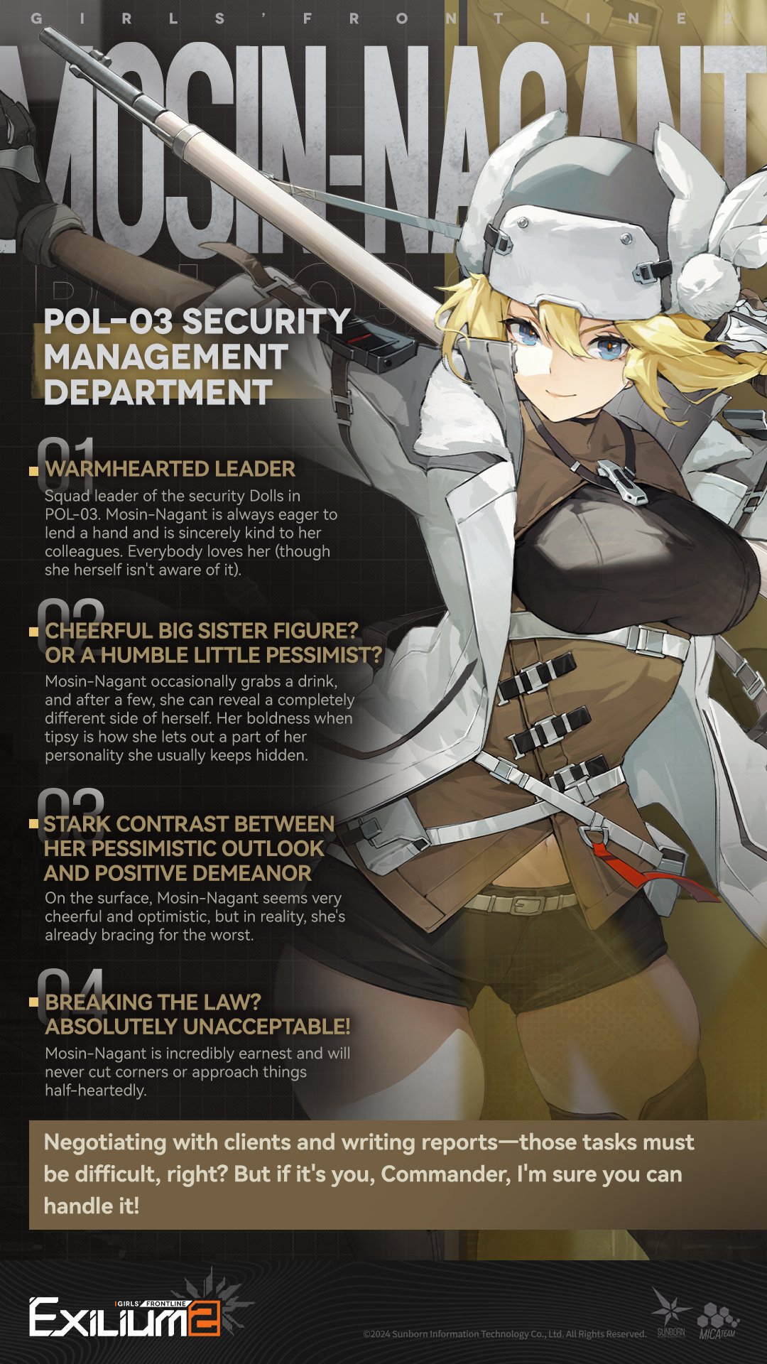 Detailed character profile for Mosin-Nagant in our GFL2 guide highlighting her Electric sniper traits.