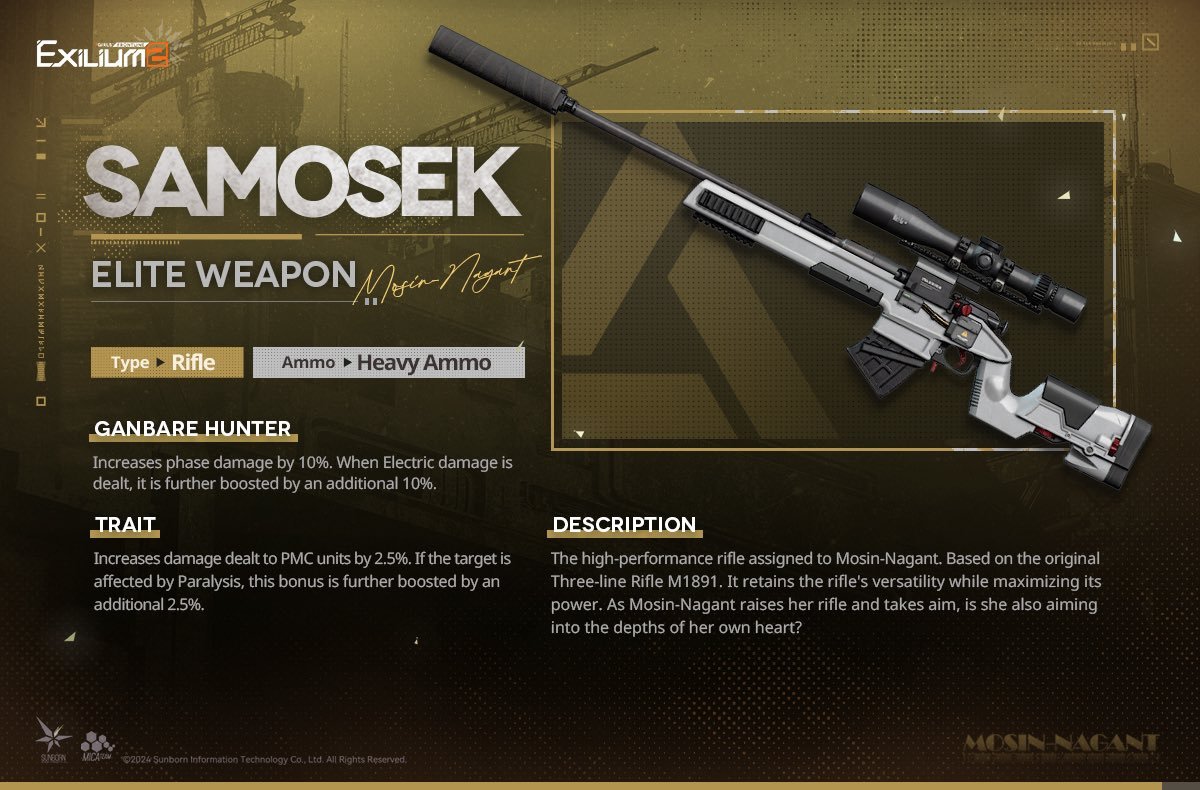 The signature rifle Samosek data sheet and Electric damage stats for Mosin-Nagant in our GFL2 guide.
