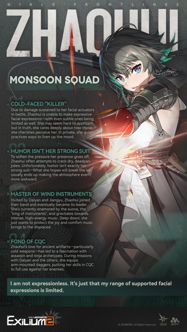 Detailed character profile for Zhaohui in our Monsoon Squad GFL2 guide highlighting her Hydro displacement traits.