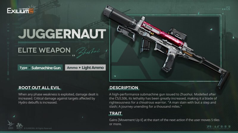 The signature submachine gun Juggernaut data sheet and Hydro damage stats for Zhaohui in our GFL2 guide.