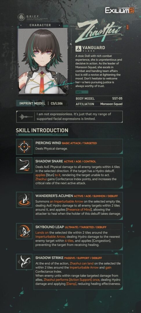 Technical skill breakdown for Zhaohui featuring Shadow Snare and teleportation mechanics in the GFL2 guide.