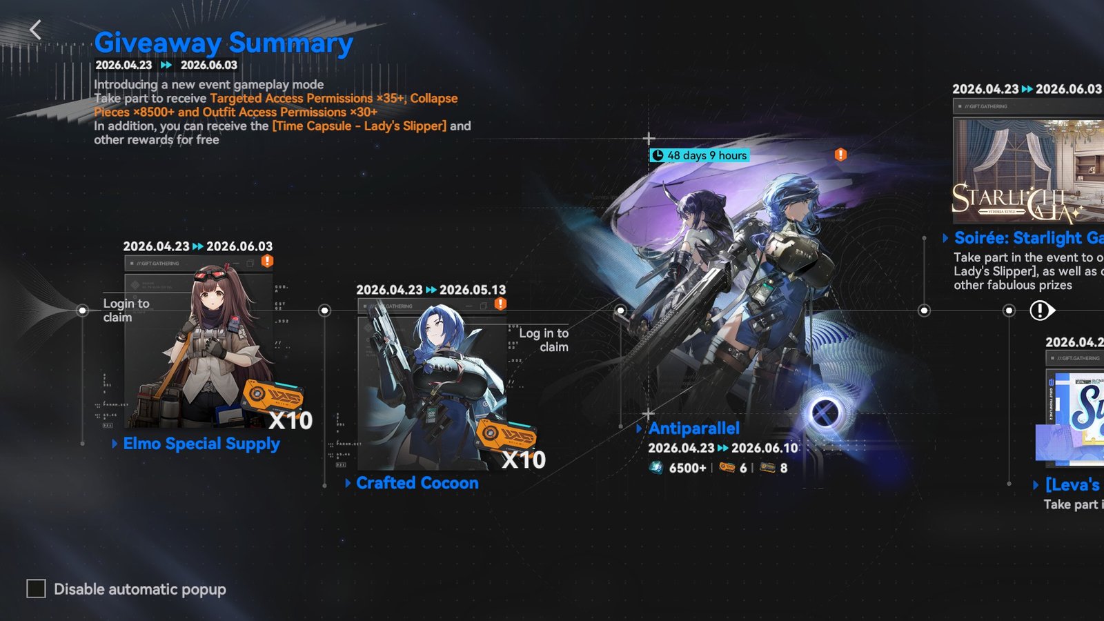 Event giveaway timeline for the Girls' Frontline 2 Antiparallel Part 1 Guide.