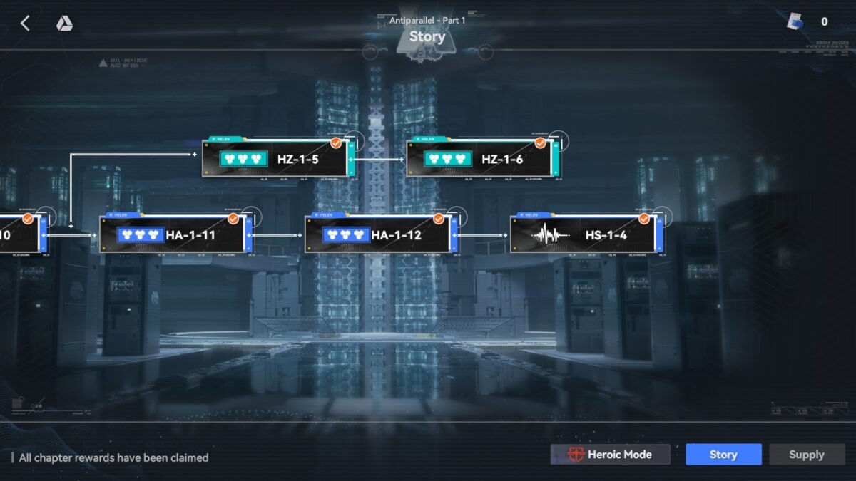 Narrative node progression in the Girls' Frontline 2 Antiparallel Part 1 Guide.