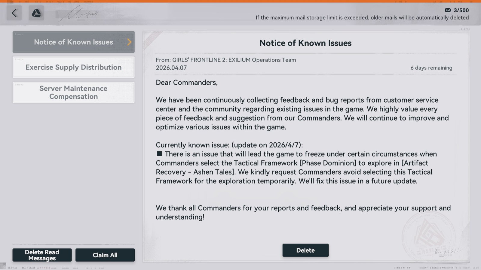 Girls’ Frontline 2 Artifact Recovery bug in-game notice showing the Phase Dominion freeze issue.