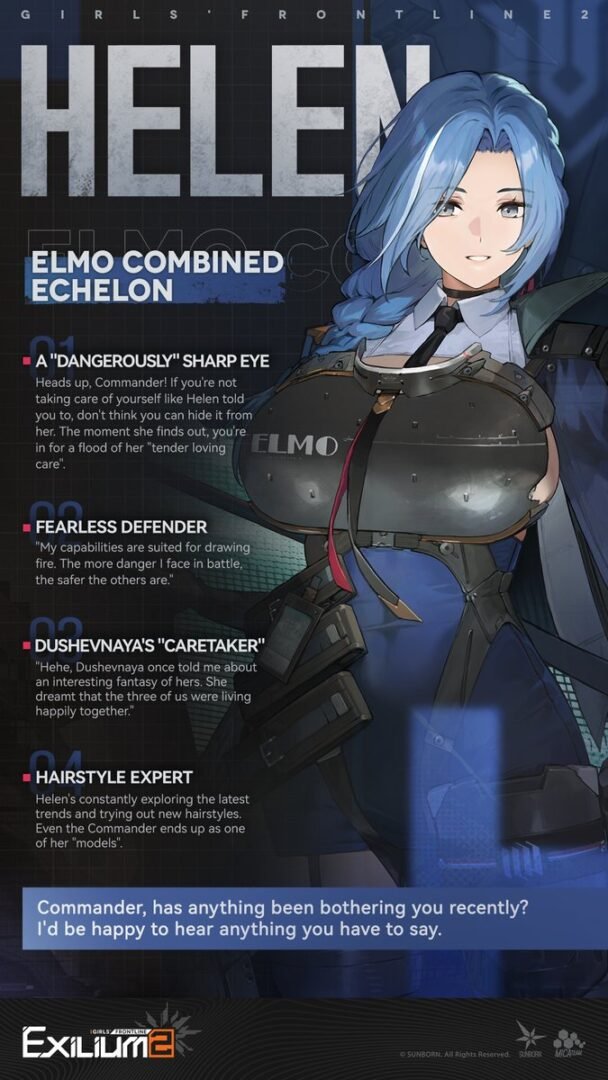 A technical character profile screen used in the Helen GFL2 guide to analyze her base stats, role, and Shotgun classification.