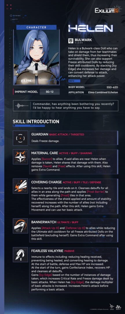 Technical skill icons and "Icy Edge" stack mechanics detailed in the Helen GFL2 guide.