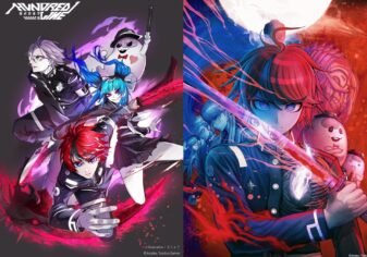 HUNDRED LINE -Final Defense Academy- anniversary split-screen graphic showing the original game key art alongside the newly announced manga adaptation art.