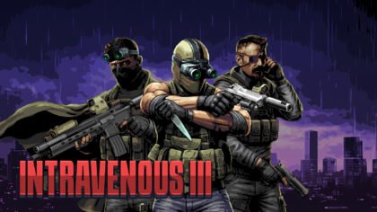 Intravenous 3 reveal trailer visual featuring three stylized tactical operators with night-vision goggles and a silenced pistol.