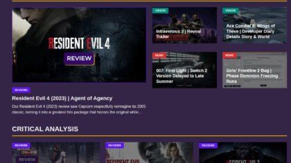KonNetwork patch notes showing the new front page UI organization and Resident Evil 4 review.