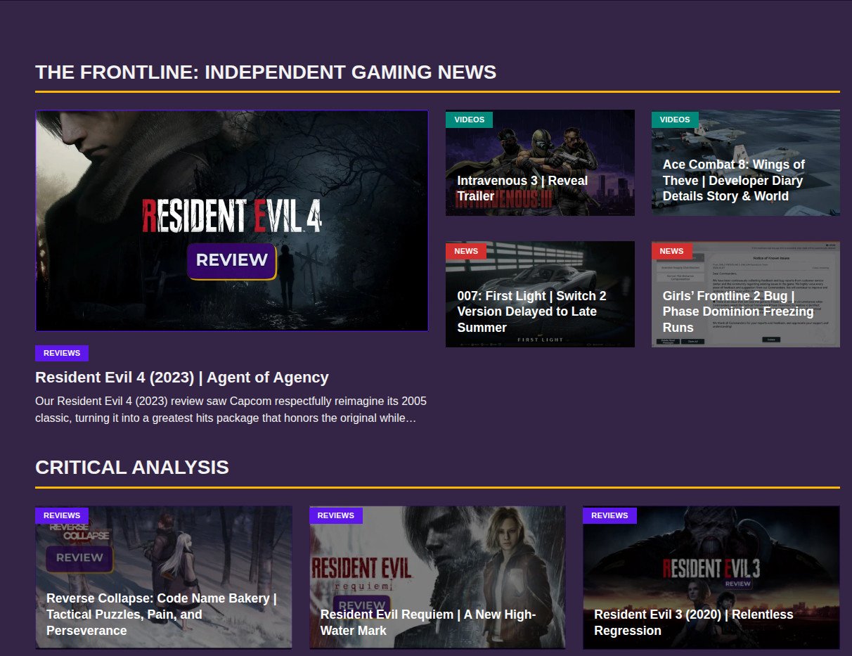 KonNetwork patch notes showing the new front page UI organization and Resident Evil 4 review.